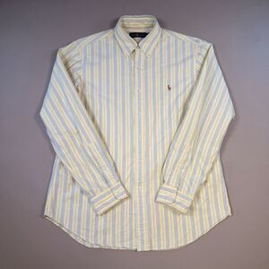 VTG POLO RALPH LAUREN Large Yellow Striped Button Dress Shirt 90s Live Pony EUC